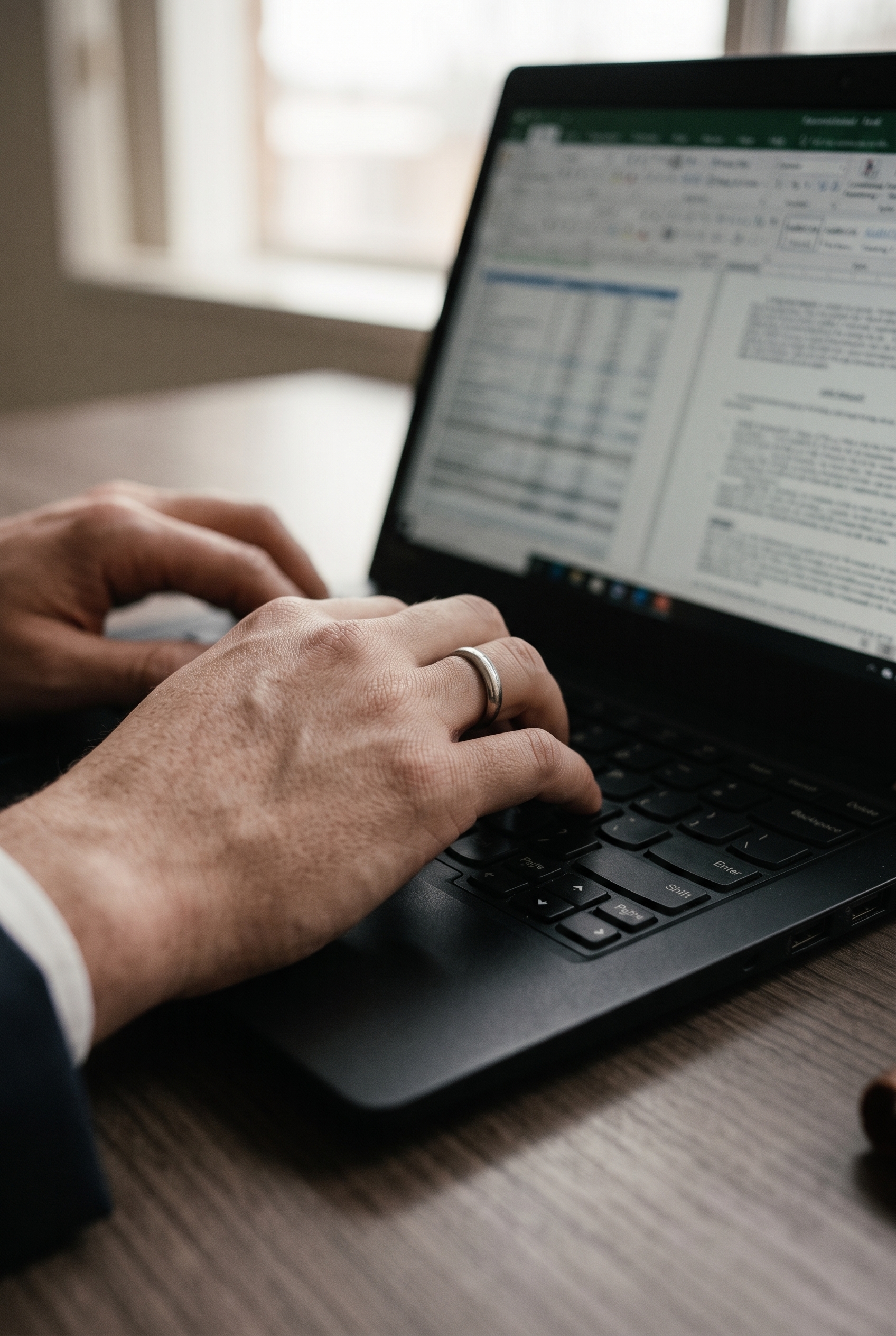 Mains sur un clavier d&rsquo;ordinateur, écran de document en arrière-plan